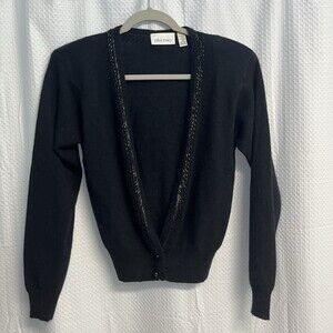 Vtg Ellen Tracey Black  Wool Angora Blend Beaded Cardigan Sweater Medium Classic